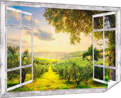 Gards Tuinposter Doorkijk Olijvenbomen - Olijvengaard - 180x120 cm - Tuindoek - Tuindecoratie - Wanddecoratie buiten - Tuinschilderij
