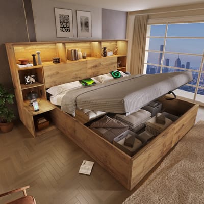 DESMIU Opbergbed 180x200cm - Tweepersoonsbed met ledverlichting en oplaadfunctie - Geïntegreerde nachtkastjes en hoofdopbergvak - Woonkamer en slaapkamer - Eikenlook - Zonder matras