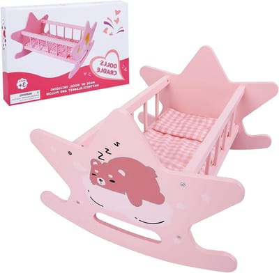Houten Poppenbed - Poppenhuis meubel - Fantasie spel - Duurzaam FSC hout - Tot 46 cm poppen - Roze