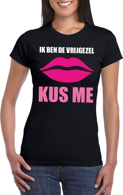 Vrijgezellenfeest t-shirt zwart dames - Ik ben de vrijgezel kus me S