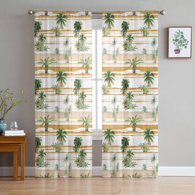 Tropische Plant Palmbomen In Zomer Chiffon Transparante Gordijnen Voor Woonkamer Slaapkamer Decoratie Raam Tule Gordijnen Draperieën 135W x 114H(cm) white