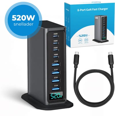 520W 8-poorts USB-oplaadtoren - Laadstation - Snellader 100W - Oplader - 4x USB-C PD Fast Charge 100W - 4x USB-A Quick Charge 30W - GaN Technologie - Inclusief USB-C 100W oplaadkabel - Zwart
