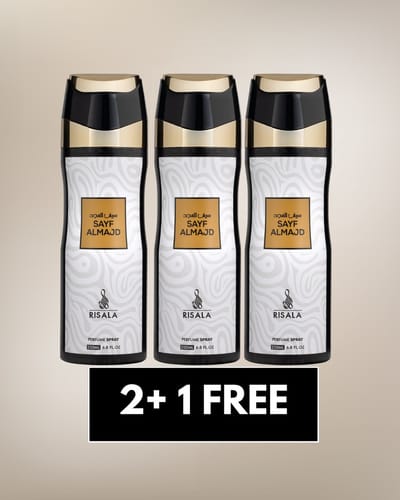 Sayf Almajd by Risala – 200ml x3 Perfume Deodorant Spray – Long Lasting Arabic Oriental Fragrance from Dubai – Woody, Amber, Spicy & Musk Scent