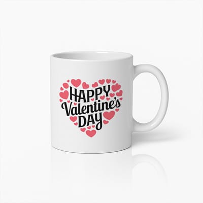 Happy Valentine’s Day Mok 330ml – Witte Koffiemok met Hartjes Ontwerp – Romantisch Cadeau voor Hem & Haar