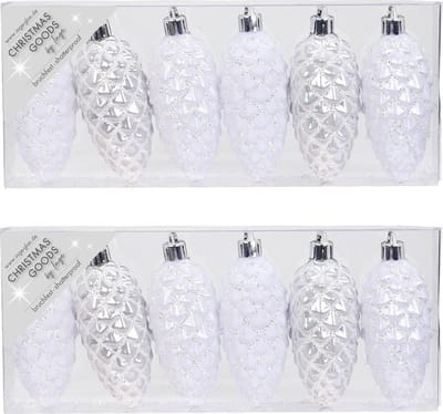 12x stuks kunststof kersthangers dennenappels wit 9 cm kerstornamenten - Kunststof ornamenten kerstversiering