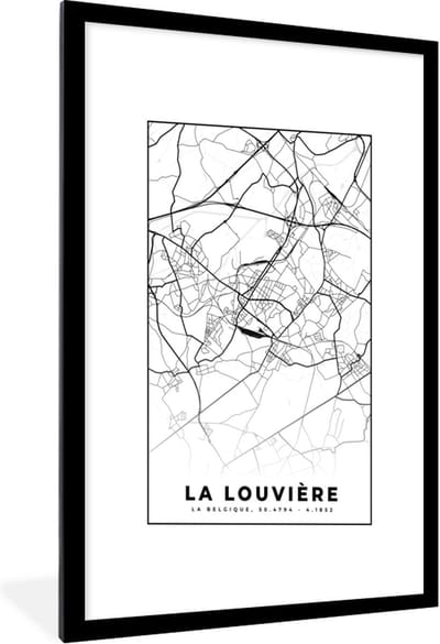 Fotolijst incl. Poster Zwart Wit- België – La Louvière – Stadskaart – Kaart – Zwart Wit – Plattegrond - 60x90 cm - Posterlijst