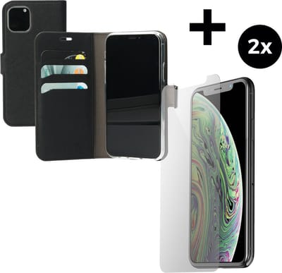 Mobiparts Saffiano Wallet hoesje geschikt voor Apple iPhone 11 Pro met 2 Screenprotectors van Gehard Glas - Zwart