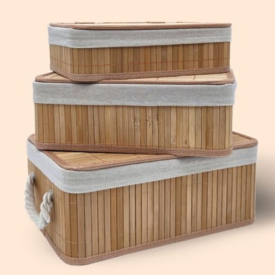 YellowPack opbergmand set bamboe - 35x25x14cm - 32x22x12cm - 29x19x10cm - Keuken en badkamermandjes - stapelbaar - naturel - Multifunctionele mand - Opberg Box/Doos/Mand/Vakken - Opbergsysteem