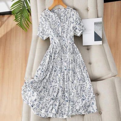 Nieuwe Chinese stijl kleine bloemen puur katoen jurk dames korte mouw zomer nieuwe elegante temperament medium en lange jurk XXL white