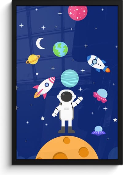 Poster in lijst - Fotolijst 40x60 cm - Posters - Ruimte - Astronaut - Raket - Blauw - Posterlijst zwart - Kamer decoratie - Wanddecoratie kinderkamer - Muurdecoratie babykamer