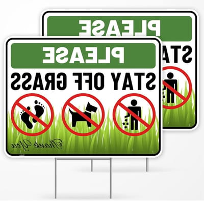 2 stuks Stay Off Gras-bord met inzet, 47,5 bij 33 cm - gegolfd plastic - Blijf van gras bord - Loop niet op gras gazon teken - geen hond poepen plassen teken - beteugelen uw hond teken