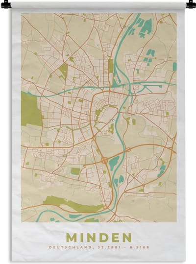 Wandkleed - Wanddoek - Stadskaart - Minden - Plattegrond - Kaart - 120x180 cm - Wandtapijt
