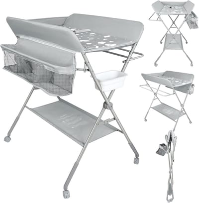Opklapbare Luiertafel - Baby Verschoontafel - Baby Verzorging - 4 Hoogte Niveaus - 77x63x101cm - Lichtgrijs