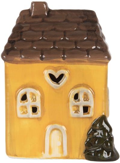 Clayre & Eef Decoratie Huis met LED LED 7x6x10 cm Geel Keramiek