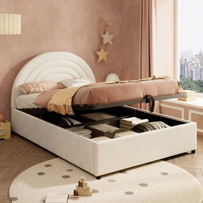 KOMHTOM Gestoffeerd bed 140*200, kinderbed met lattenbodem en hoofdeinde, jeugdbed, geschikt voor volwassenen en jongeren, houten latten, eenvoudige montage, fluweel, beige