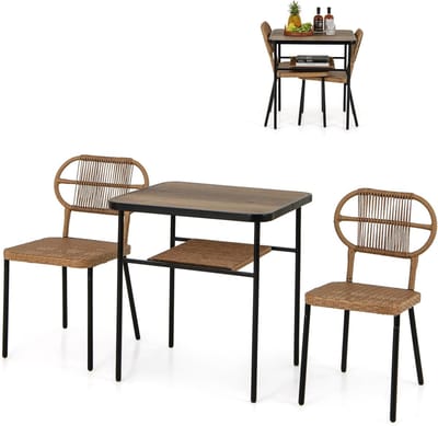 KOMFOTTEU Eettafel en stoel van rotan, tuinmeubelen met tafel met 2 niveaus, 2 stoelen in verschillende maten, inbouwdesign, voor kleine ruimtes, keuken, balkon, terras, natuur