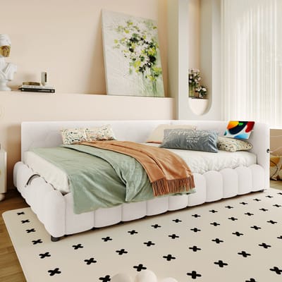 MODFU Daybed 140x200 cm – vliesimitatie wit – met hydraulische opbergruimte, LED-lichtstrip en USB/Type-C – dagbed