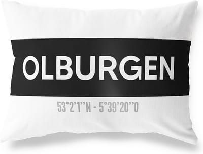 Tuinkussen OLBURGEN - GELDERLAND met coördinaten - Buitenkussen - Bootkussen - Weerbestendig - Jouw Plaats - Studio216 - Modern - Zwart-Wit - 50x30cm