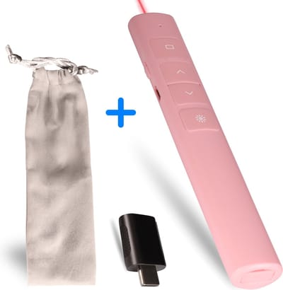 Draadloze Presentatie Klikker - Wireless Presenter - Powerpoint afstandsbediening met laserfunctie Inclusief USB-C adapter & Opberg hoesje – tot 100 m bereik - Oplaadbaar - roze - Perfect voor Mac en PC