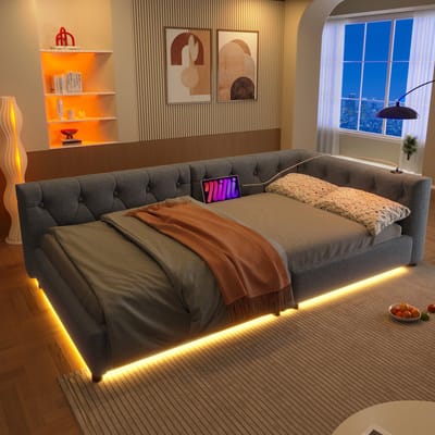 MODENUIT Daybed 90x200 cm – Bedbank met lattenbodem, ledverlichting en USB-C-aansluiting – Zonder matras – Grijs