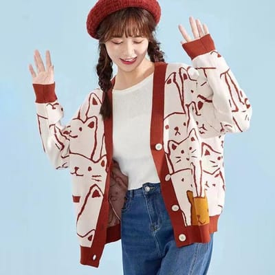 Cartoon Kat Gebreide Cardigans Trui Herfst Winter Dames Harajuku Trui Jas O-hals Lange Mouw Cardigan One Size rood