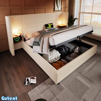 Gutent Tweepersoonsbed - 160 x 200 - met nachtkastje - Leeslampje - Oplaadfunctie - Opbergruimte - Beige - Ribfluweel stof - Geen matras