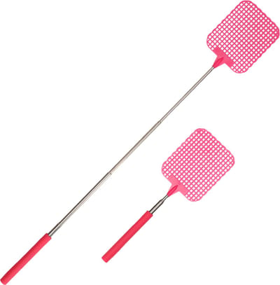 Setje met uitschuifbare vliegenmeppers - 2x stuks - roze - van 25 tot 60 cm - metaal/kunststof - insekten bestrijden