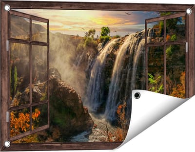 Gards Tuinposter Doorkijk Watervallen vanaf de Kliffen - 60x40 cm - Tuindoek - Tuindecoratie - Wanddecoratie buiten - Tuinschilderij
