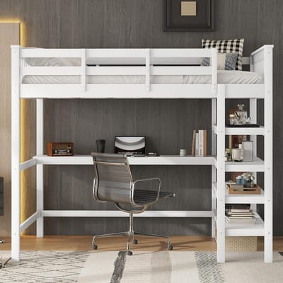 Kinderhoogslaper met bureau - Opbergbed met werkplek - Ruimte besparen - Geïntegreerd bureau en planken - 140x200cm - Wit