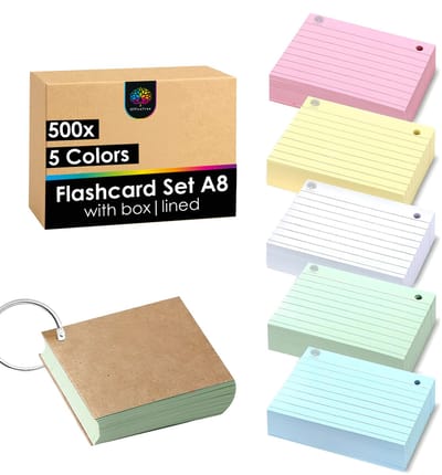 OfficeTree Flashcards A8 - 5 Kleuren - Indexkaarten met Ring en Opbergbox - Indexkaarten voor Examens en Aantekeningen - Gelinieerd Papier - 500 stuks