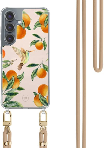 Hoesje met koord geschikt voor Samsung Galaxy S25 - Tropical fruit - Inclusief Beige koord - Crossbody beschermhoes - Transparant, Multi - Mooie Telefoonhoesjes