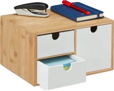 Famanu – Mini ladekast bureau organizer met 3 lades – bamboe & MDF – 14,5x25x20 cm – natuur/wit