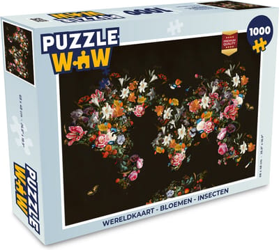 Puzzel Wereldkaart - Bloemen - Insecten - Legpuzzel - Puzzel 1000 stukjes volwassenen