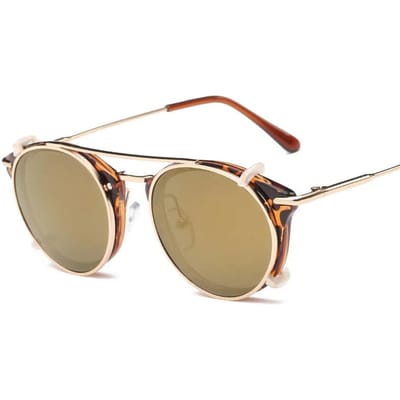 Rond Frame Zonbescherming Dubbel Gebruik Set Zonnebril Nieuwe Modieuze Platte Coating Metalen Zonnebril Punk Stijl Heren Dubbel Gebruik VisionGlasses W91521WW- brown