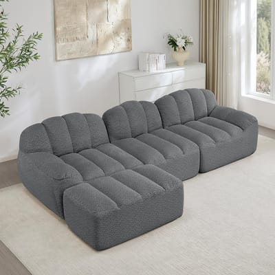 BLACKCOLORS Modulaire L-vormige 3-zitshoekbank met 1 chaise longue, Boneless-bank van 32D-schuim met hoge dichtheid, diepe zitting, ideaal voor de woonkamer, zachte stof, grijs