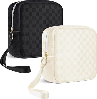 Mini make-up tas voor dames in zwart en beige, compact formaat 13.5 x 13.5 x 4.5 cm, ideaal voor reizen en dagelijks gebruik