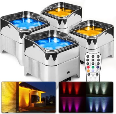 BeamZ uplighter - Set van 4 BeamZ BBP96SC uplights met ingebouwde accu, 6x 12W LED's en draadloze DMX - Chroom