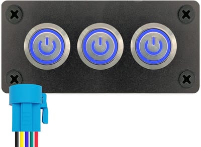 ProRide Metalen Drukschakelaars ON-OFF 220V - 16mm - Drievoudig inbouwpaneel - IP67 - LED indicatie Blauw
