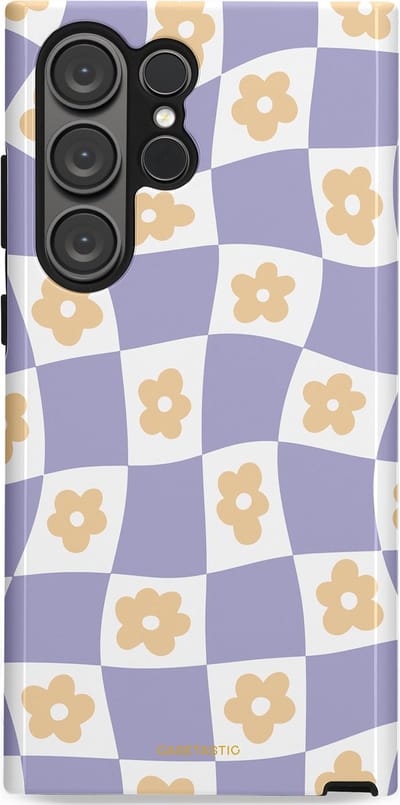 Casetastic hoesje geschikt voor Samsung Galaxy S23 Ultra - Dubbellaagse bescherming - Kronkelende madeliefjes - Fashion Case - Lila Wit Zand Lichtgrijs