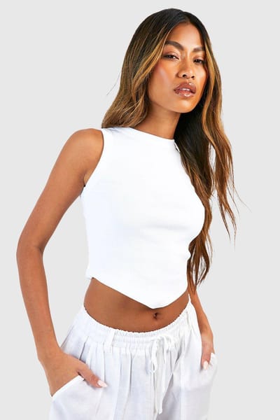 boohoo Dames Thick Binding V Hem Rib Vest | Wit | Maat: 42
