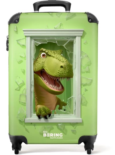 NoBoringSuitcases.com® - Kinderkoffer - Kindertrolley jongen en meisje - T-rex breekt door groen raam met glas - Handbagage koffer lichtgewicht - Reiskoffer trolley kinderen - Rolkoffer met wieltjes - Past binnen 55x40x20 en 55x35x25