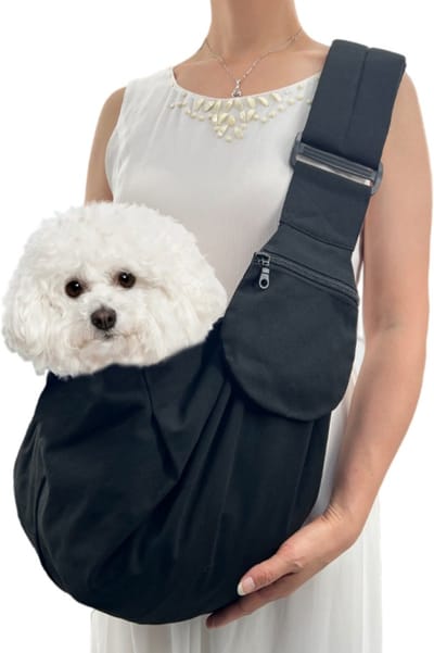 QTTVBTNA Hondendraagtas Sling – Verstelbare Gevoerde Schouderband, Met Veiligheidslijn & Voorvak, Voor Kleine Honden en Katten tot 7,5 kg, Zwart