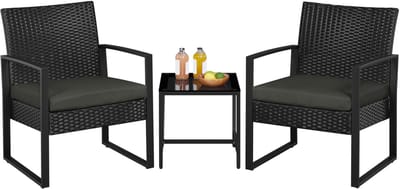 Yaheetech Polyrotan zitgroep tuinset 3-delig balkonset rotanlook loungeset voor tuin & terras, incl. zitkussen & glasplaat