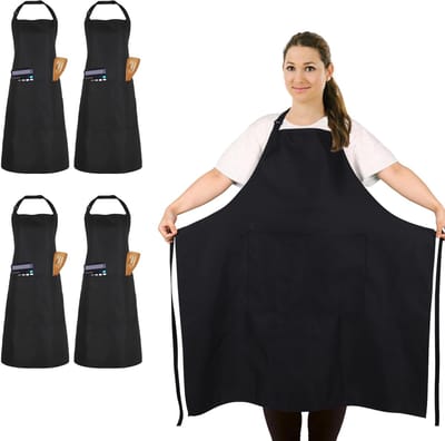 Schorten, grote keukenschort met 2 zakken, verstelbaar zwart schort voor grote mannen en vrouwen voor koken, bakken, schoonmaken, tuinieren, BBQ, Zwart, L