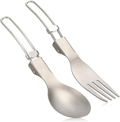 Opvouwbare Lepel Vorkset - Kampeerbestek Set - Buiten Eten - Ultralicht Titanium - 16 cm Vork - Zilverkleurig
