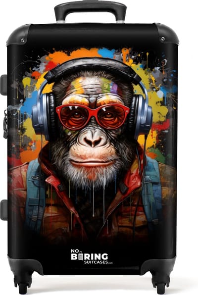 NoBoringSuitcases.com® - Koffer groot - Rolkoffer lichtgewicht - Chimpansee met koptelefoon en graffiti-spray - Reiskoffer met 4 wielen - Grote trolley XL - 20 kg bagage
