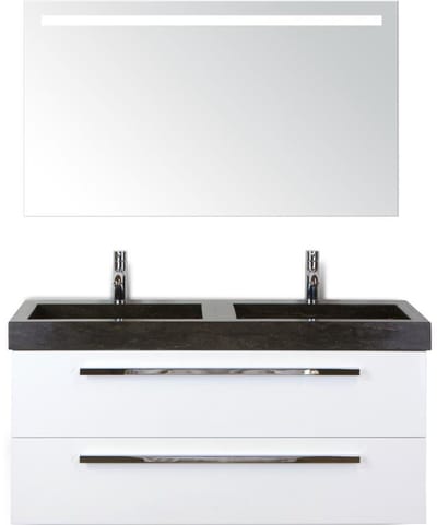Seville Badmeubelset 120 cm - 2 Laden Wit Hoogglans - Wastafel Lucca Dubbel met Sence Spiegel