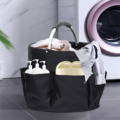 Badmand, draagbare picknickmand, draagbaar, opvouwbaar, opbergmand, toilettas, douchemand, boodschappenmand (zwart)