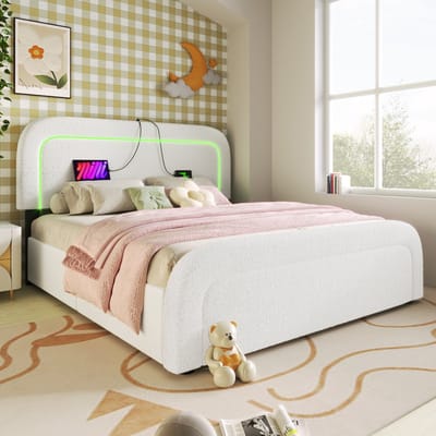 HAUSS SPOLE Tweepersoonsbedden - 140x200 cm - Gestoffeerd Bed Met 4 Lades En Hoogteverstelbaar Hoofddeel - USB C Oplaadfunctie En LED Verlichting - Sherpa - Wit