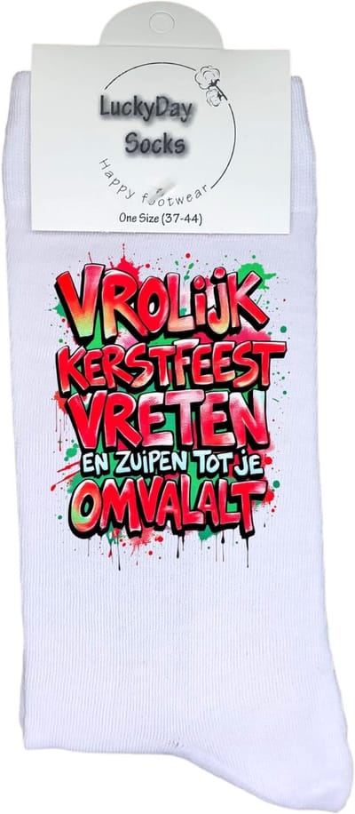LuckyDay Socks - Grappige Kerst Cadeaus voor Dames en Heren - One Size Sokken met Tekst - Huissokken - Kerstsokken - Geschenk Vrouwen, Mannen , Moeder, Mama, Papa, Vader, Vriend, Vriendin, Zus, Broer, Oma, Opa - Originele Cadeautjes Volwassenen